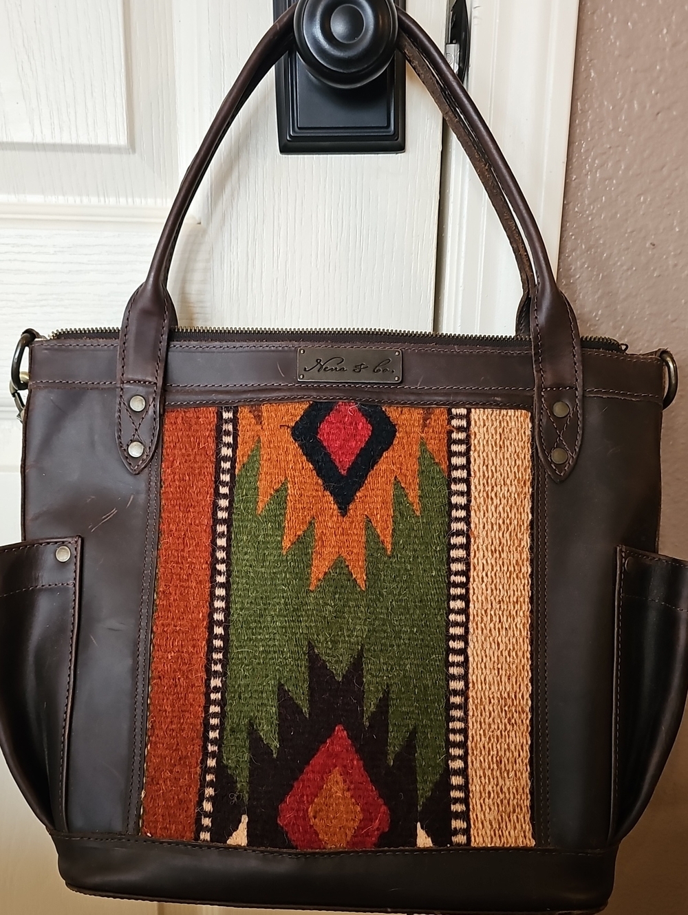 Nena & Co.Handwoven Pattern Leather Tote Bag - Green & Brown